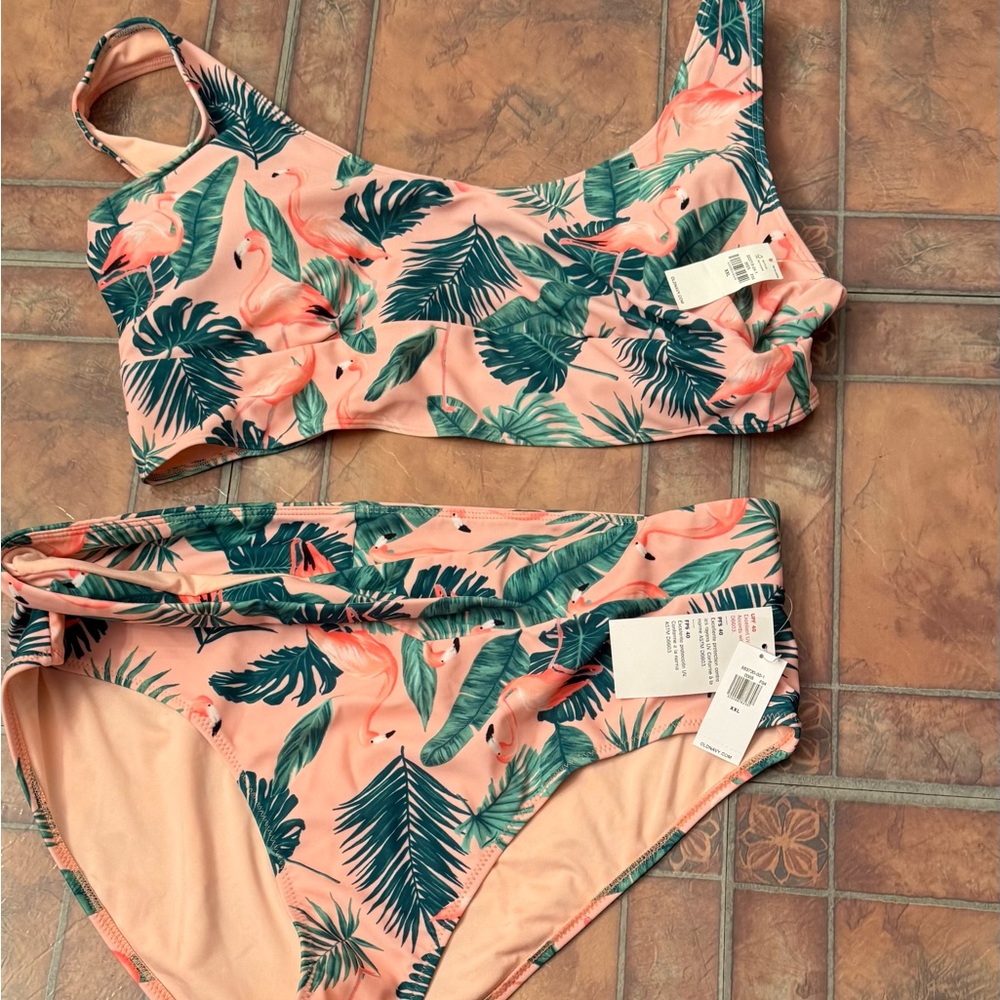 Old Navy Pink and Green Leaf Print bathing suit XXL